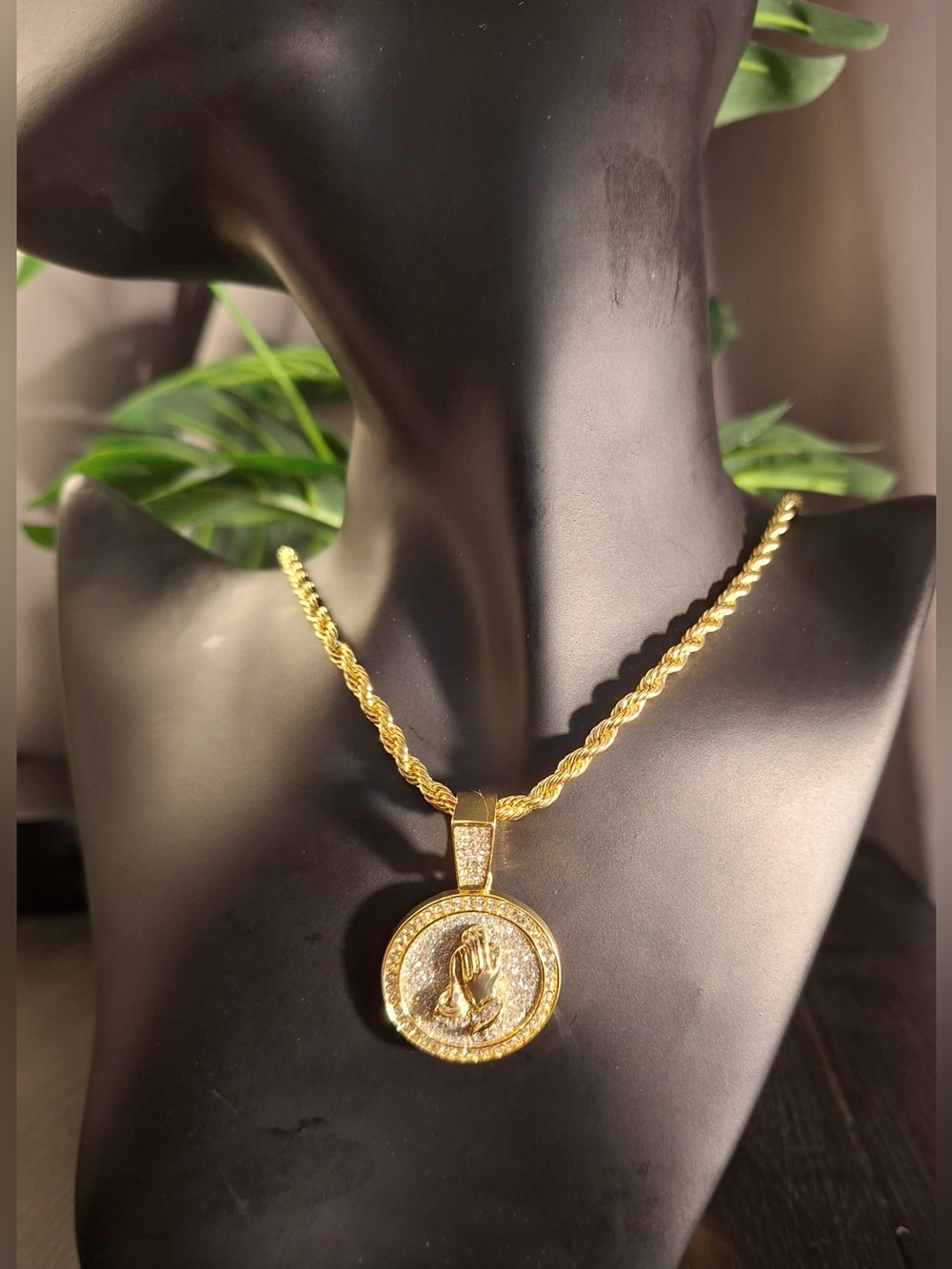 Gold-Plated Rope Chain Necklace with Praying Hands Pendant